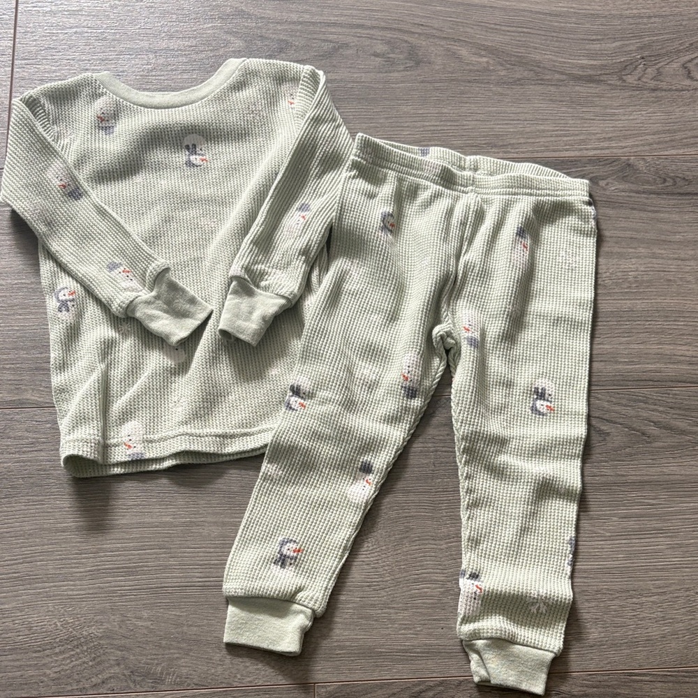 Kids Waffle Pajama Set in Light Sage with Penguin Motif